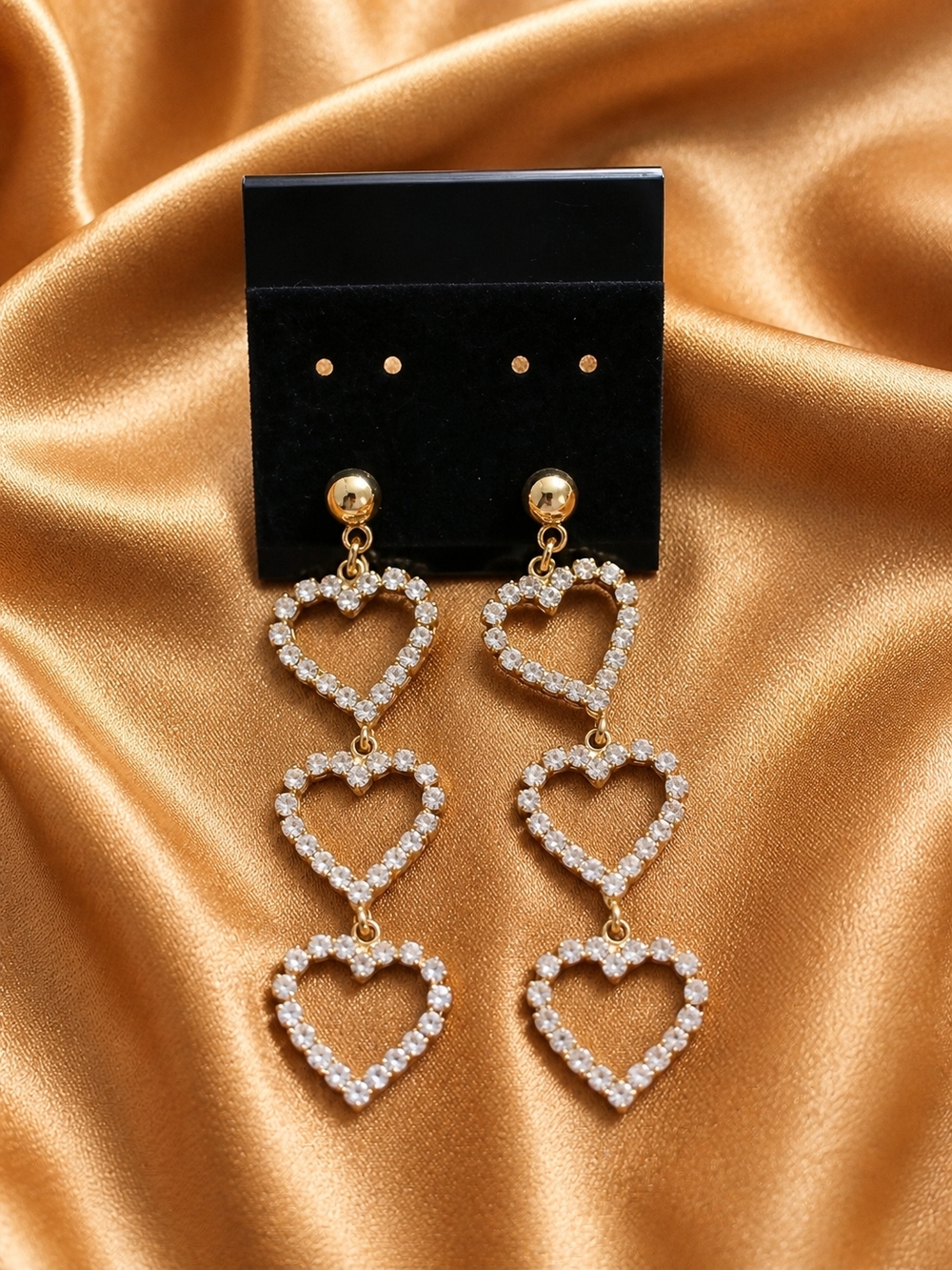 Rhinestone Heart Drop Earrings Gold Tone Triple Heart Dangle Coquette Glam